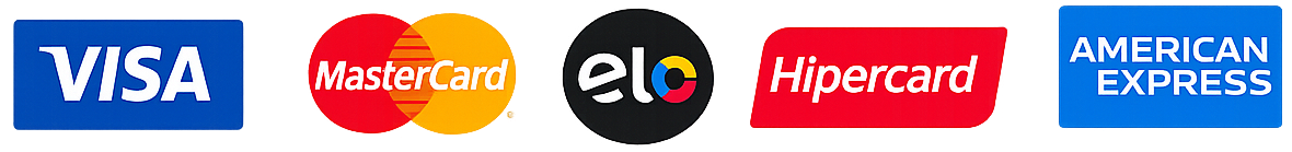 Visa, Mastercard, Elo, Hipercard, American Express, PIX