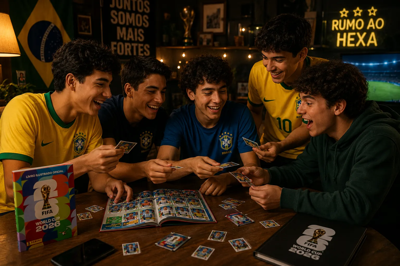 Amigos trocando figurinhas da Copa
